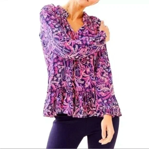 Lilly Pulitzer Savanna Long Sleeve Top Bright Navy Swing Of Things Size S - Picture 3 of 11